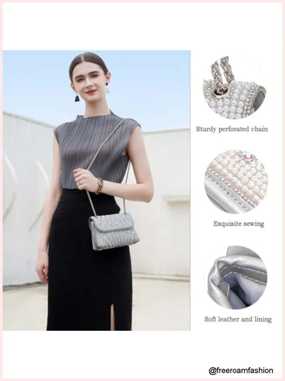Pearls Rhinestones Evening Shoulder Crossbody Clutch Bag with Chain